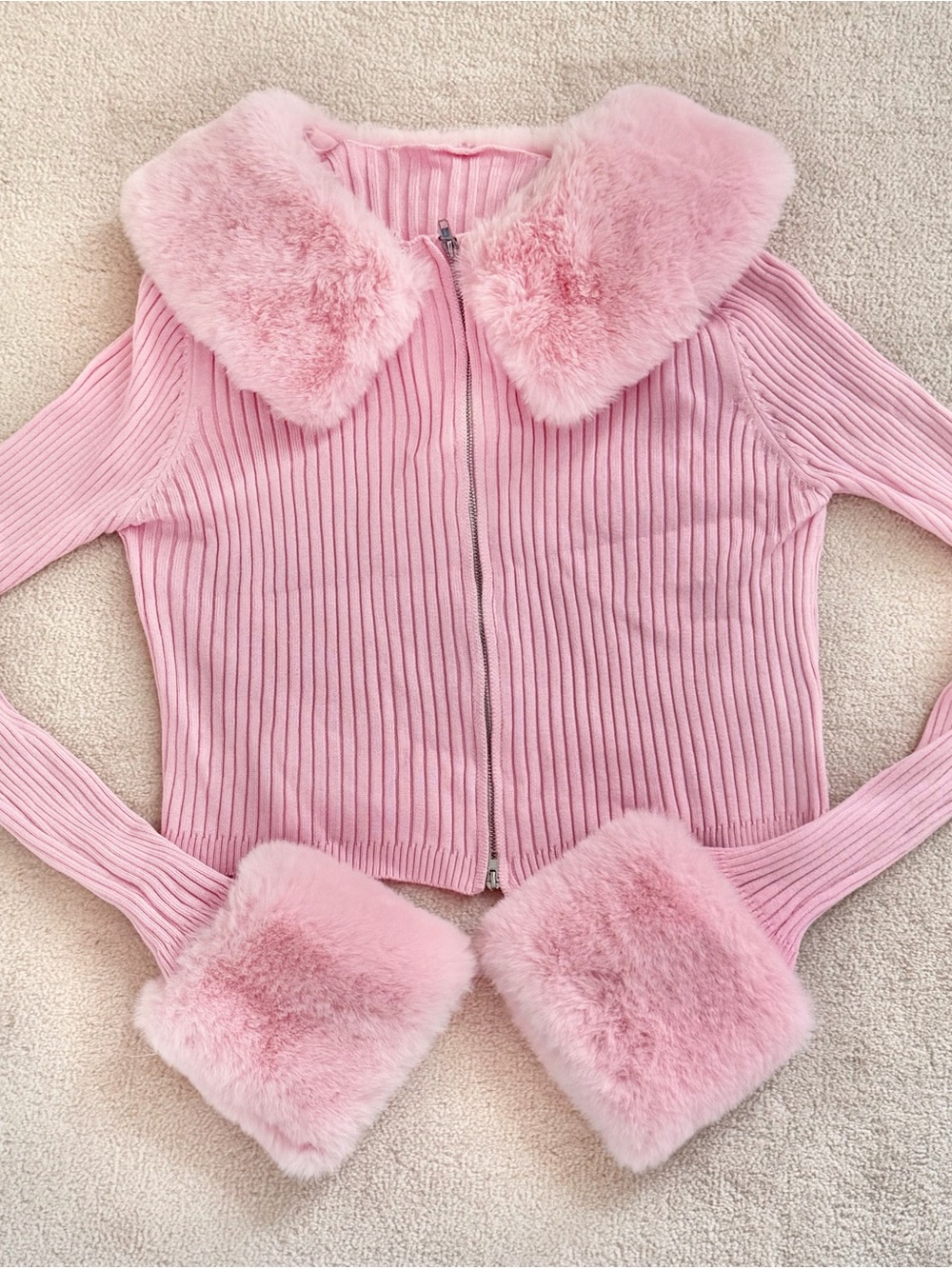 Y2K Style Pink Ribbed Zip Cardigan with Faux Fur Collar & Cuffs L